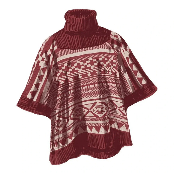J Peterman Taos Poncho 100% Merino Wool Southwest Print Rust Turtleneck Cape - Picture 2 of 15